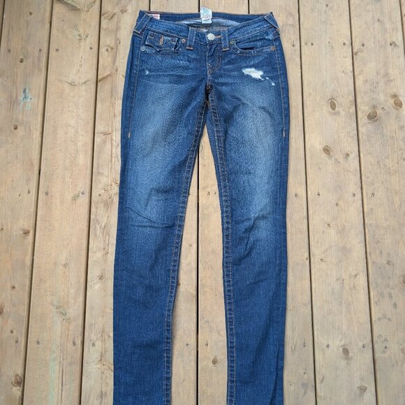 True Religion Women's Dark Wash Skinny Jeans with Embellished Buttons - Size 27 - Picture 1 of 10